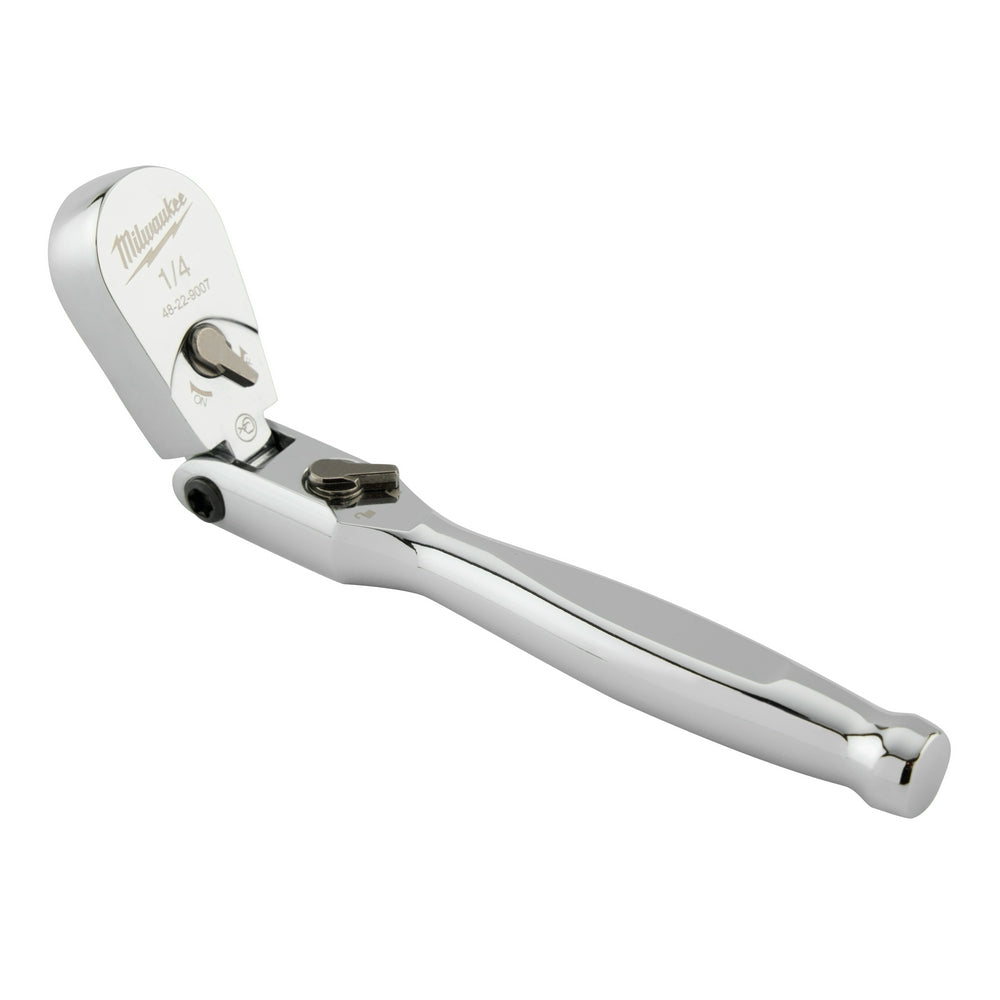 Milwaukee 1/4" drive flex head ratchet with chrome finish and articulating head joint.