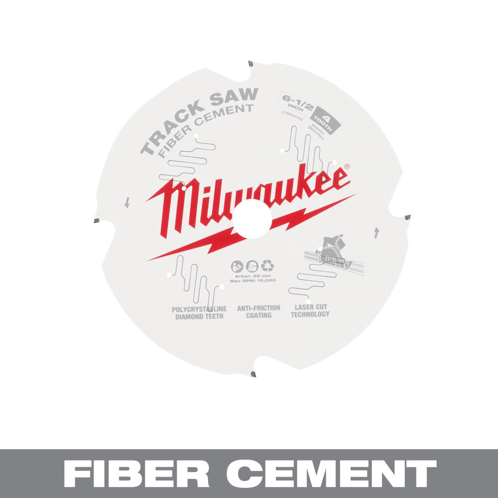 Milwaukee 6-1/2" circular saw blade with 4 teeth for fiber cement, featuring polycrystalline diamond teeth and laser cut tech