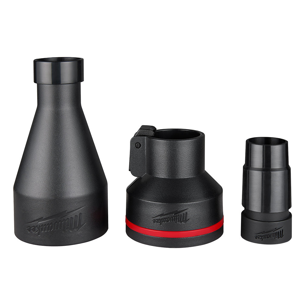 Three black plastic dust extraction adapter connectors with tapered and cylindrical shapes, the middle piece featuring a red 