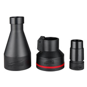 Three black plastic dust extraction adapter connectors with tapered and cylindrical shapes, the middle piece featuring a red 