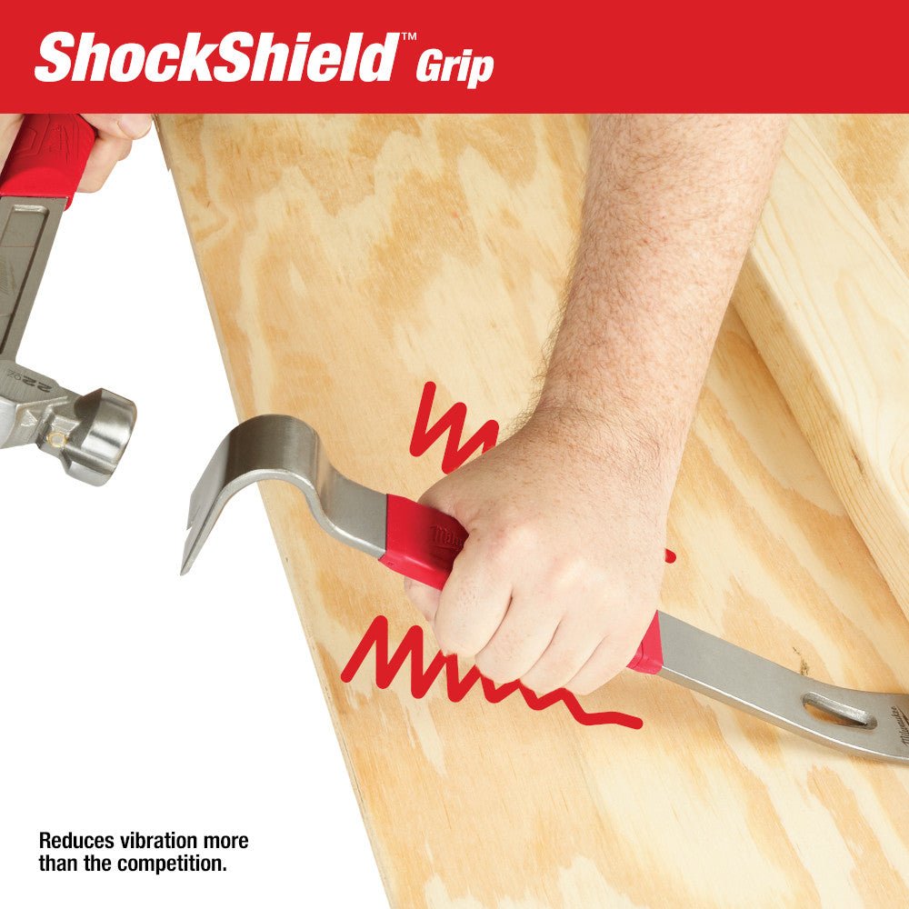 Milwaukee 12-inch pry bar with red ShockShield grip handle being used to remove nails from wood.