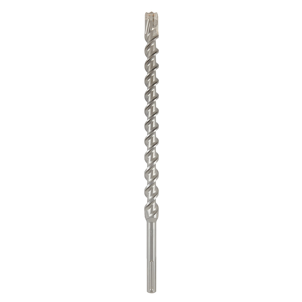 Metal SDS-Max drill bit with four spiral flutes and flattened shank on white background.