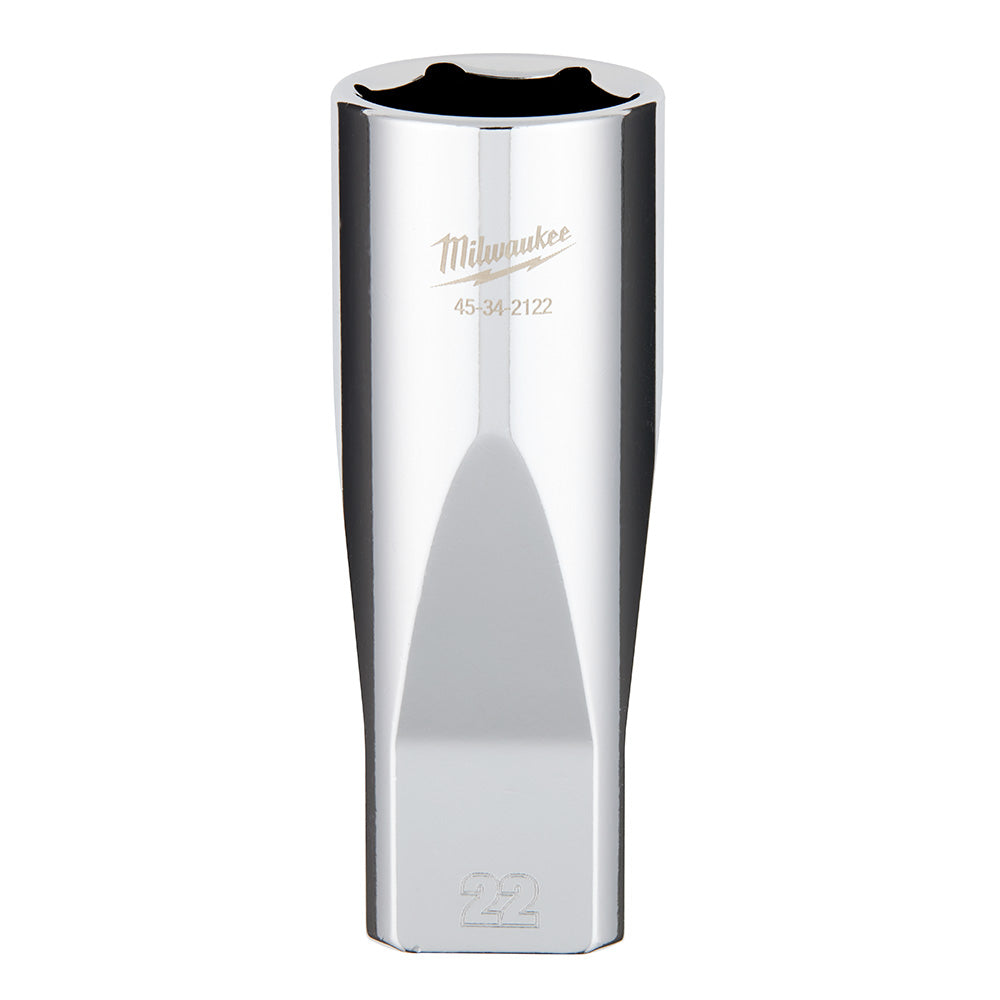 Milwaukee 1/2" drive 22mm deep socket with chrome finish and hexagonal interior.