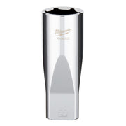 Milwaukee 1/2" drive 22mm deep socket with chrome finish and hexagonal interior.