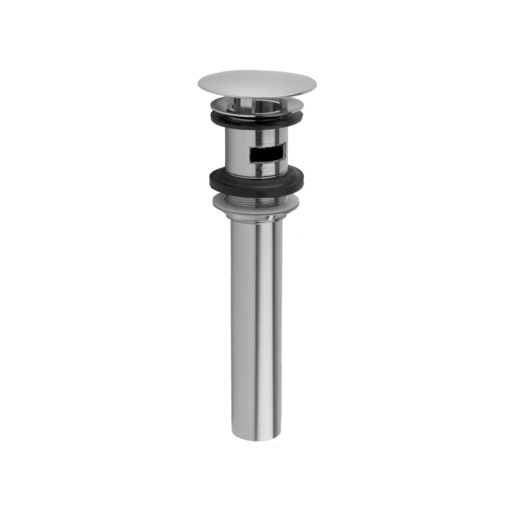 Round lavatory drain with overflow in matte black and brushed nickel finish.