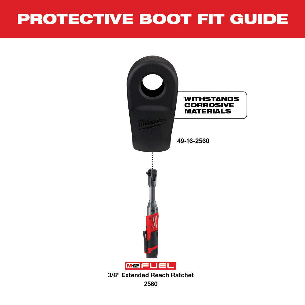 Black rubber protective boot for Milwaukee M12 FUEL ratchet, labeled 49-16-2560, shown above extended reach ratchet tool.