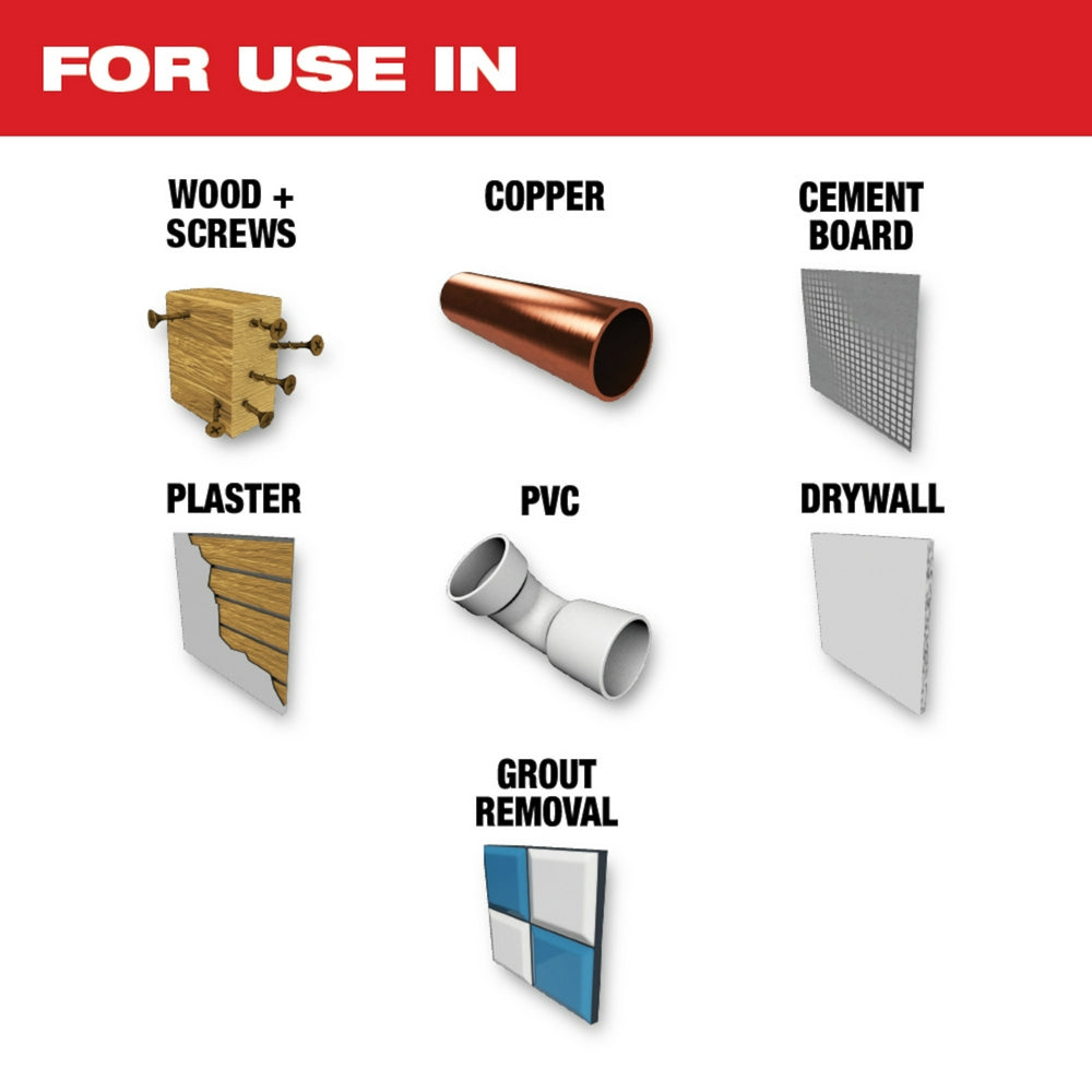 Three 1-3/8" OPEN-LOK metal cutting blades with titanium-enhanced carbide teeth for wood, copper, cement board, plaster, PVC,