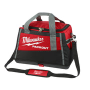 Red and black Milwaukee PACKOUT tool bag with gray handles and shoulder strap.