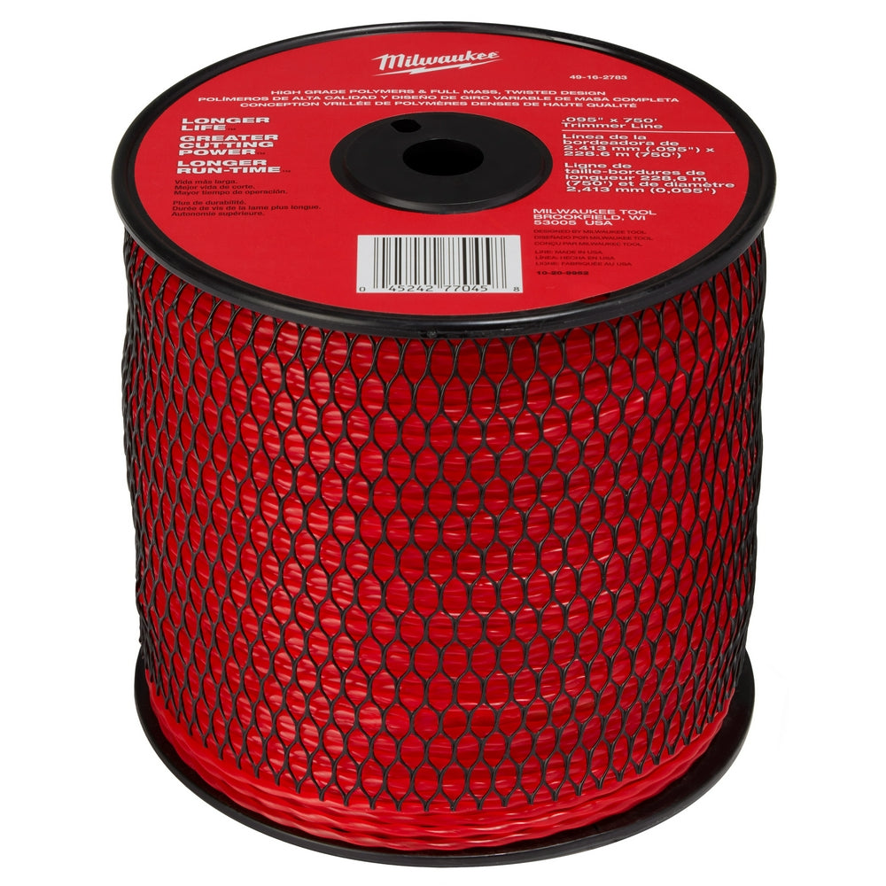 Red spool of Milwaukee trimmer line with black center hub and label on top.