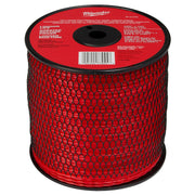 Red spool of Milwaukee trimmer line with black center hub and label on top.