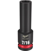 Black cylindrical impact socket with red band, hexagonal opening, and Milwaukee branding on barrel.