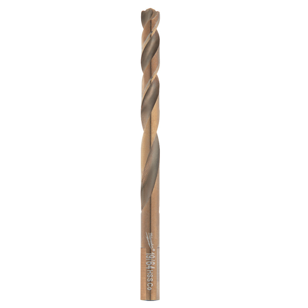 Cobalt twist drill bit with tan and gray coloring and model number printed on the cylindrical shank.
