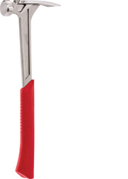 Framing hammer with metal head, smooth striking face, pry bar claw, and red grip handle.
