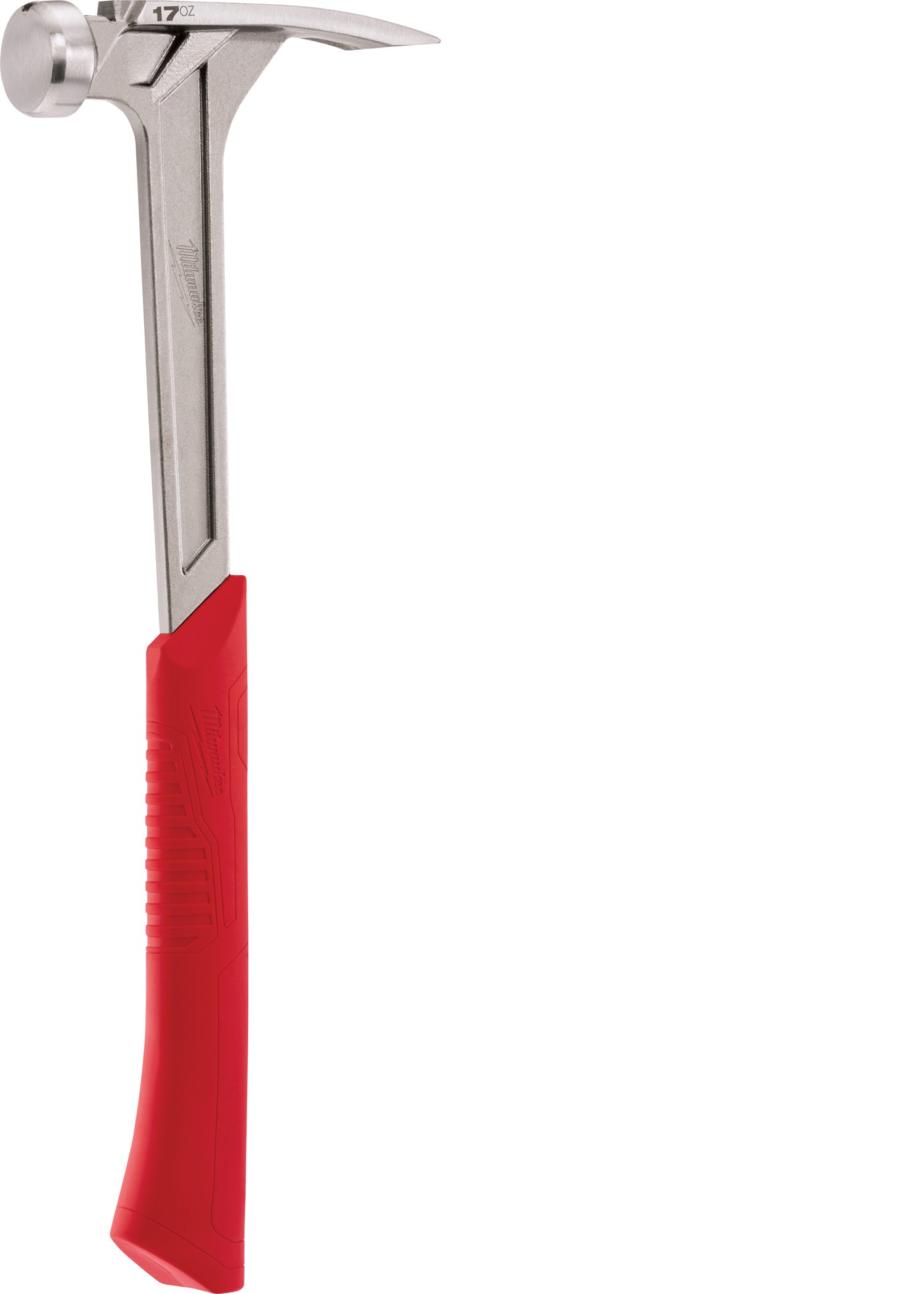 Framing hammer with metal head, smooth striking face, pry bar claw, and red grip handle.