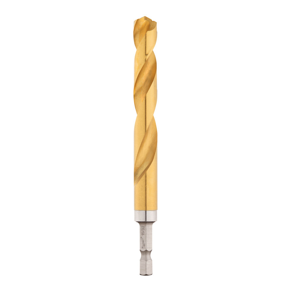 Gold titanium-coated twist drill bit with silver hex shank against white background.