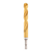 Gold titanium-coated twist drill bit with silver hex shank against white background.
