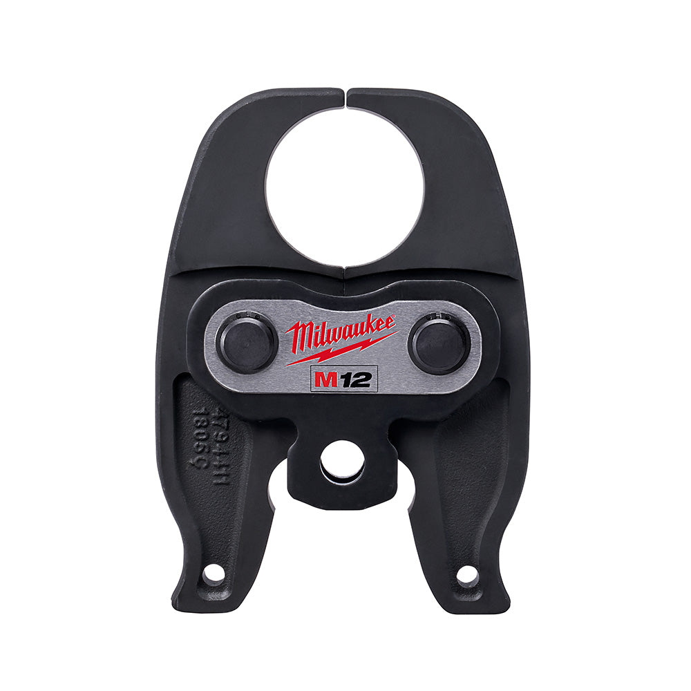 Black Milwaukee M12 PEX crimp jaw with two adjustment knobs and circular opening at top.