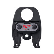 Black Milwaukee M12 PEX crimp jaw with two adjustment knobs and circular opening at top.