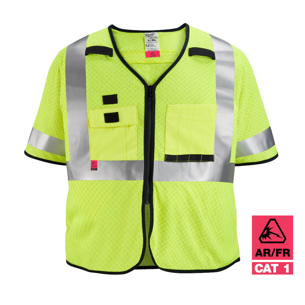 Neon yellow mesh safety vest with reflective silver stripes, front pockets, and black trim on short sleeves.
