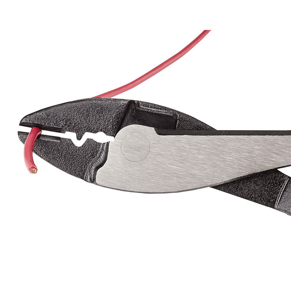 Red and black crimping pliers with textured grip handles and wire crimping jaw detail.