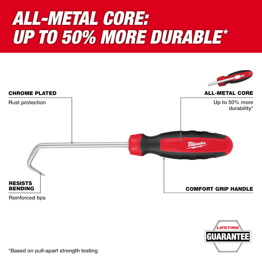 Milwaukee hook hose pick with red and black comfort grip handle and chrome-plated metal shaft.