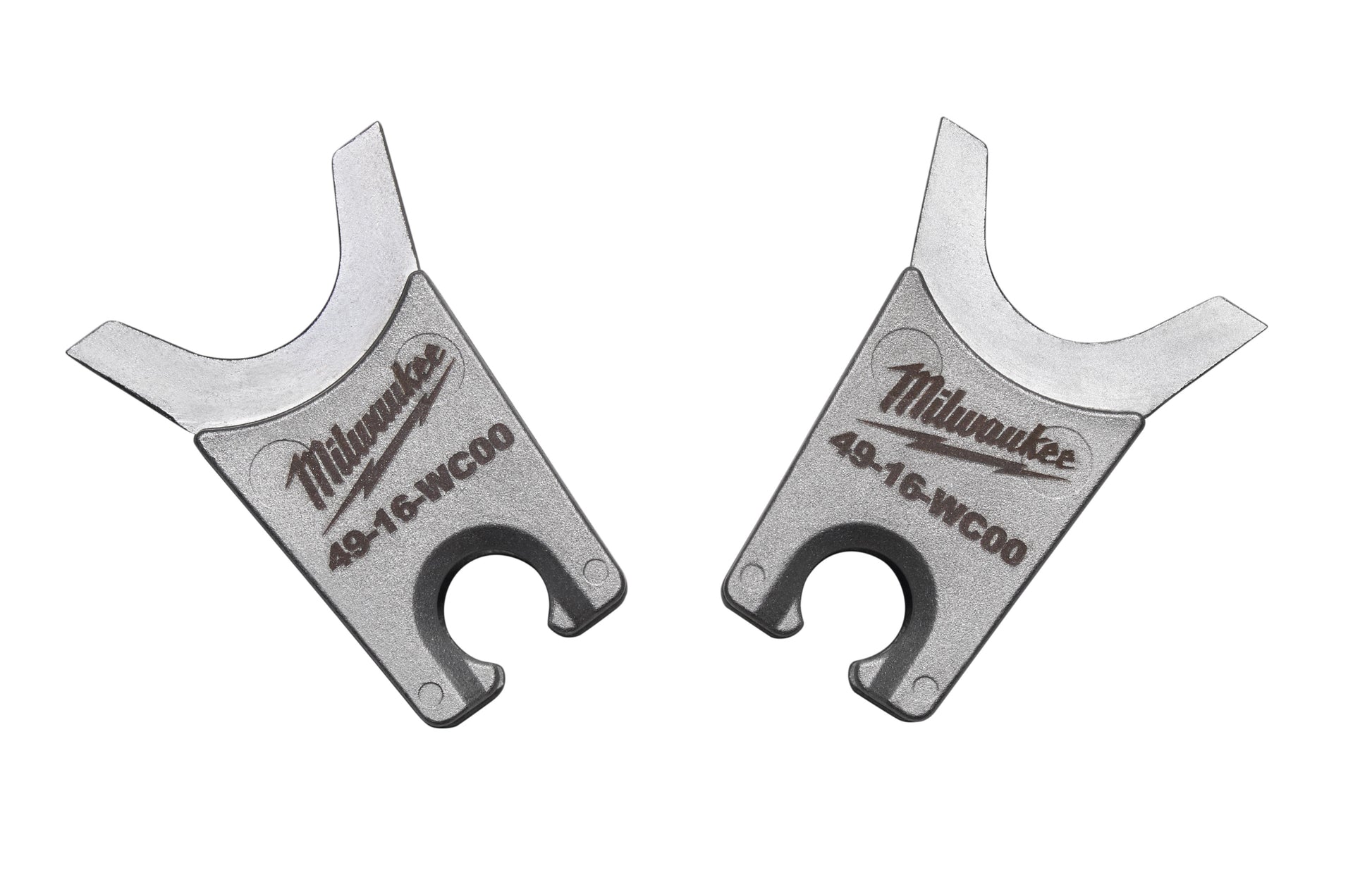Milwaukee 49-16-WC00 W-C die set with two metal dies featuring curved upper arms and circular openings.