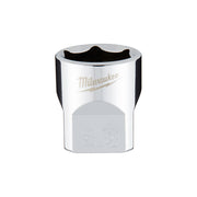 Chrome 3/8 in. drive socket with 6-point opening and Milwaukee logo on polished surface.