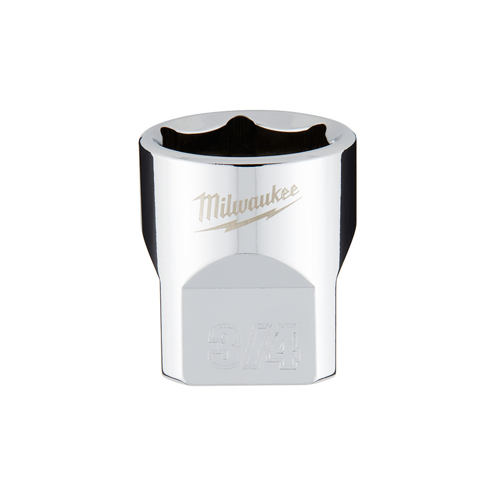Chrome 3/8 in. drive socket with 6-point opening and Milwaukee logo on polished surface.