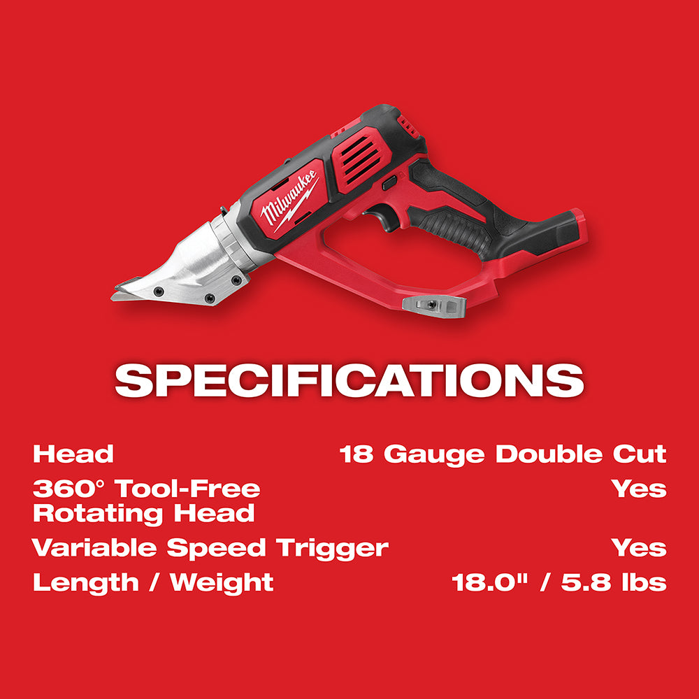 Red and black Milwaukee cordless shear with rotating head, metal cutting blades, and grip handle on red background.
