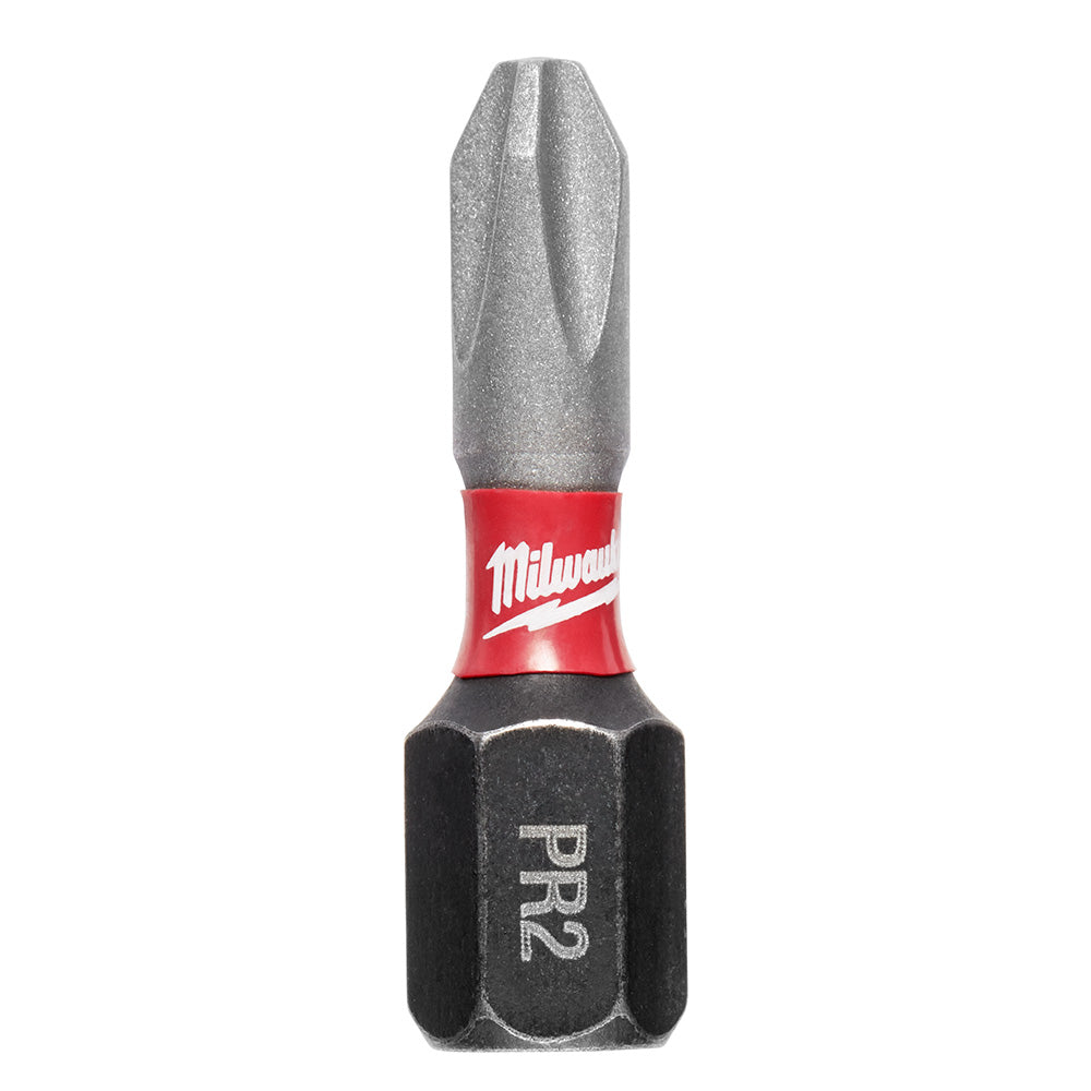 Milwaukee Shockwave Phillips #2 driver bit with red and black band on gray shaft.