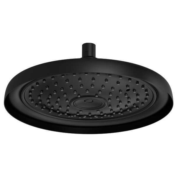 Black round raincan shower head with multiple spray holes and ceiling mount arm.