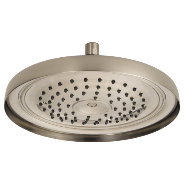 Brushed nickel round raincan shower head with multiple spray holes and a short cylindrical arm.