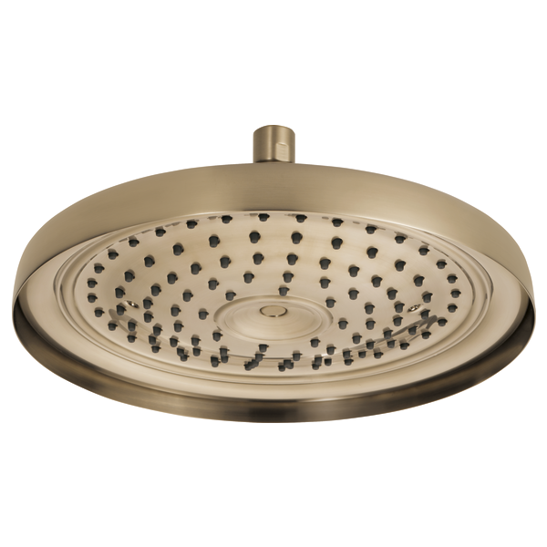 Round brushed nickel raincan shower head with multiple spray jets and ceiling mount connector.