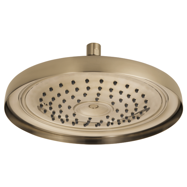 Brushed nickel round raincan shower head with multiple spray holes and center pipe connection.