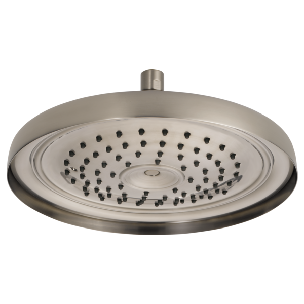 Brushed nickel round raincan shower head with multiple spray holes and ceiling-mounted arm.