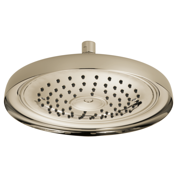 Round brushed nickel raincan shower head with multiple spray jets and ceiling mount connector.
