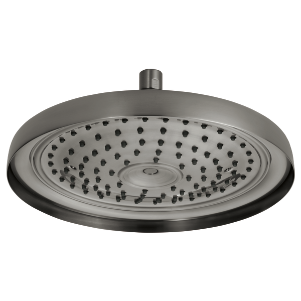 Round stainless steel raincan showerhead with multiple spray holes and overhead mounting arm.