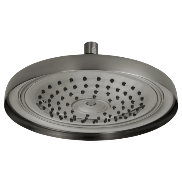 Round brushed nickel raincan shower head with multiple spray jets and ceiling mount arm.