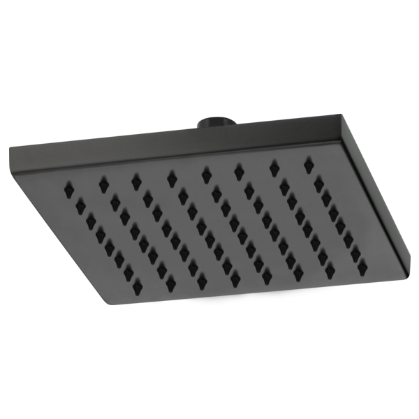 Square matte black raincan shower head with multiple spray holes arranged in diagonal rows.