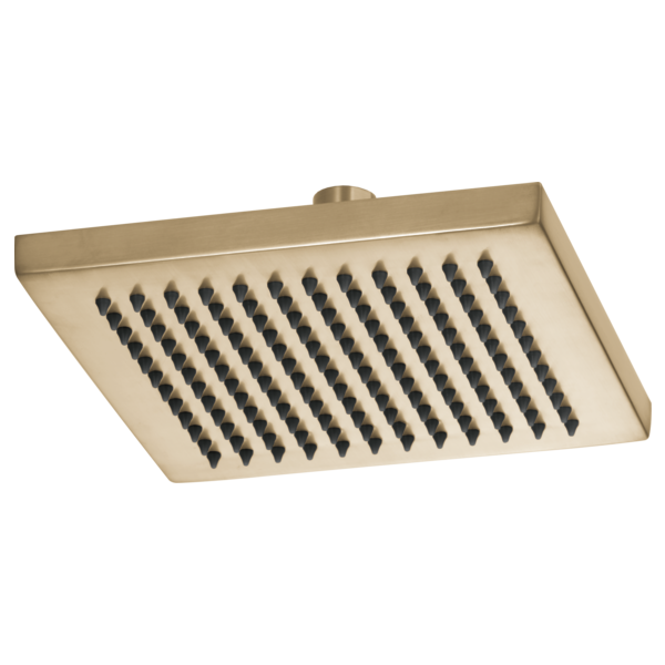 Square brushed gold raincan showerhead with multiple spray jets and mounting connector.