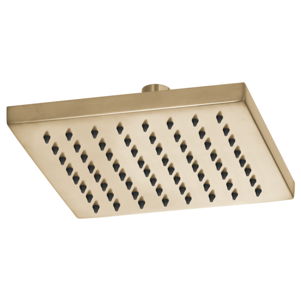 Square brushed nickel raincan showerhead with diagonal rows of spray holes and ceiling mount connector.