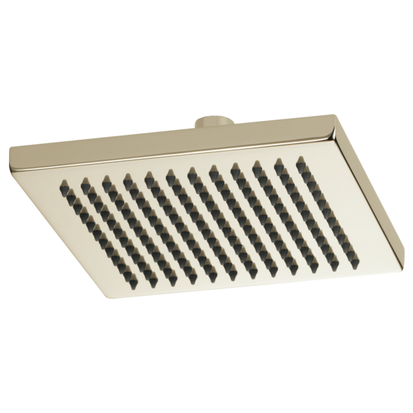 Square brushed nickel raincan showerhead with linear jet pattern mounted overhead.