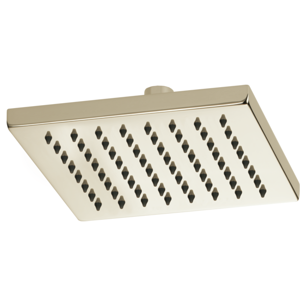 Square brushed nickel raincan shower head with diagonal pattern of spray jets on face.