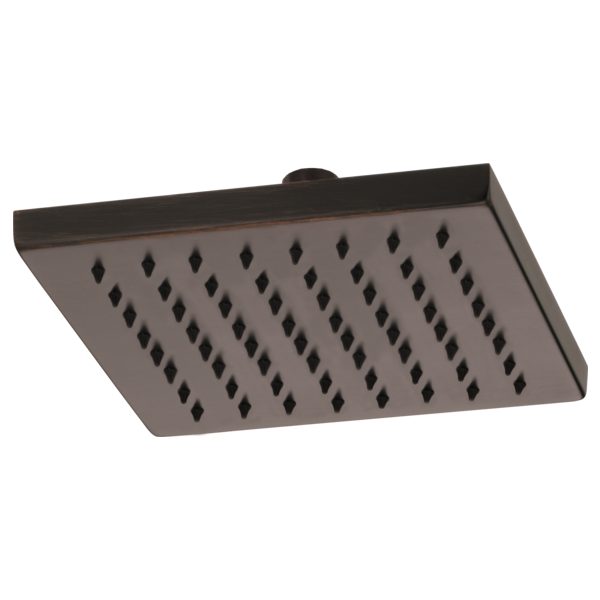 Square raincan shower head in matte black with evenly spaced water jet holes across flat surface.