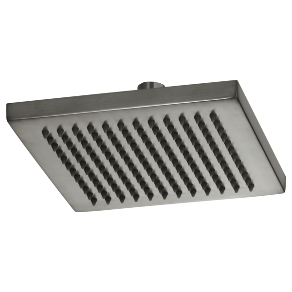 Square stainless steel raincan shower head with linear nozzle pattern and ceiling mount connector.