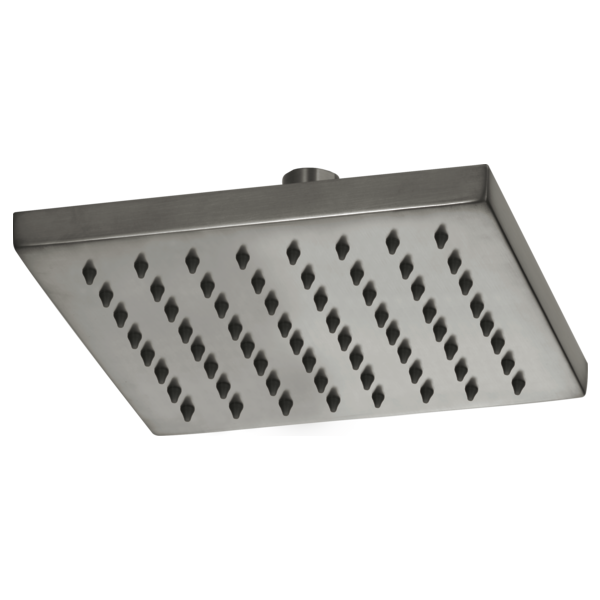 Brushed nickel square raincan shower head with evenly spaced perforations and ceiling mount connector.