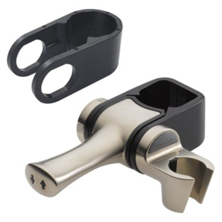 Black plastic shower mount holder with dual loop handles and brushed nickel hand shower bracket attachment.