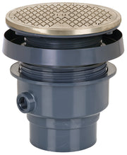 Adjustable floor drain cleanout with nickel bronze steel cover featuring diamond pattern grate and gray PVC body with side ou