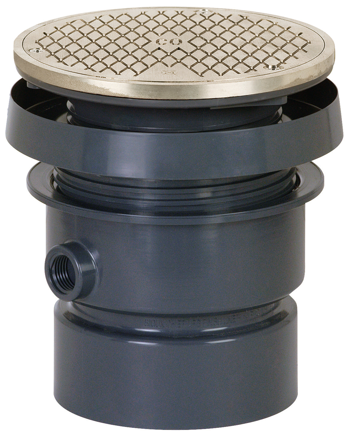 Nickel bronze floor drain with adjustable hub, dark gray body, and diamond-pattern steel cover.
