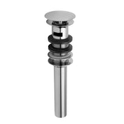 Polished chrome round lavatory drain assembly with overflow mechanism and threaded components for sink installation.